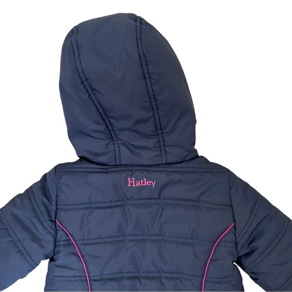 Hatley Navy Blue and Purple Floral Stars Fitted Puffer Rain Jacket Kids Size 3